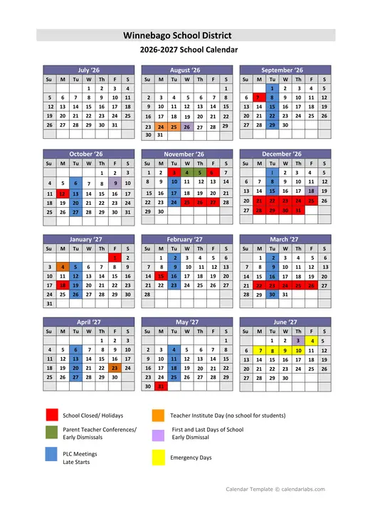 Winnebago School District 2026–2027 Academic Calendar Page 1