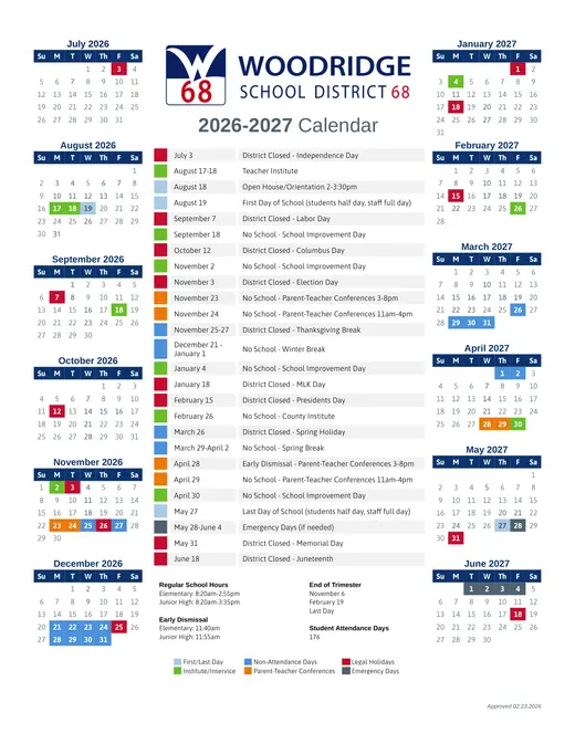 Woodridge School District 68 2026–2027 Academic Calendar