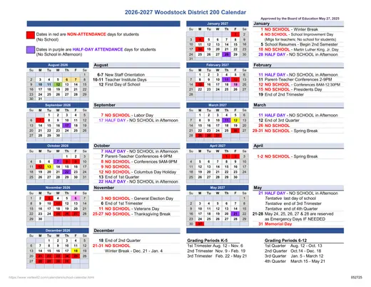 Woodstock District 200 2026–2027 Academic Calendar