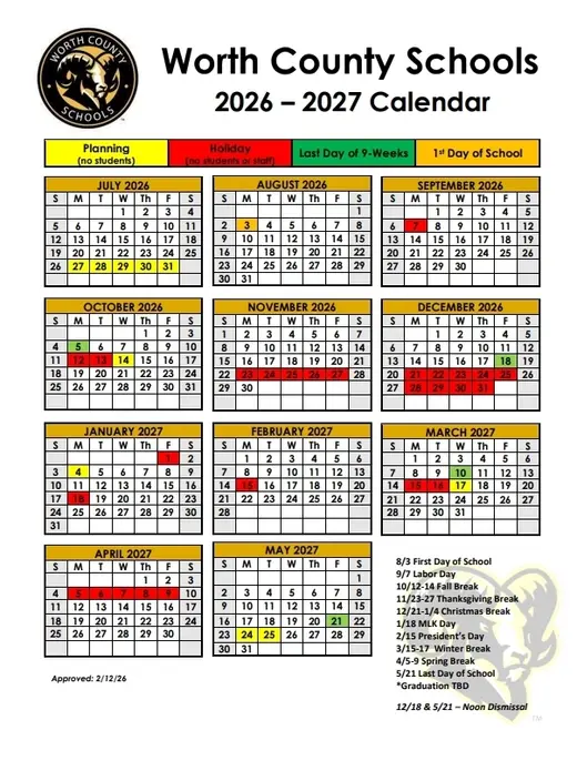 Worth County Schools 2026–2027 Academic Calendar Page 1