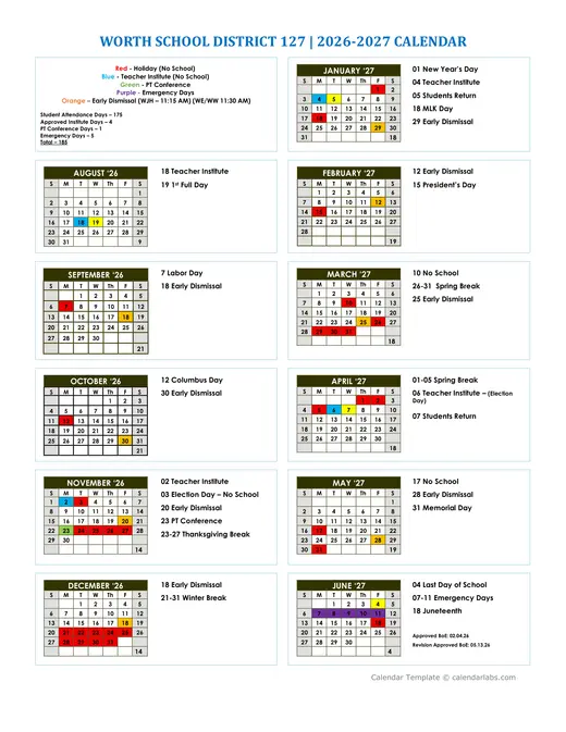 Worth School District 127 2026–2027 Academic Calendar Page 1