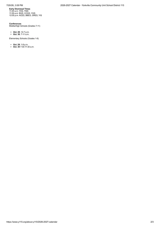 Yorkville Community Unit School District 115 2026–2027 Academic Calendar Page 2