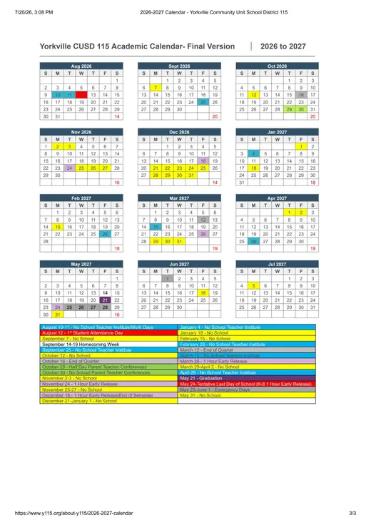Yorkville Community Unit School District 115 2026–2027 Academic Calendar Page 3