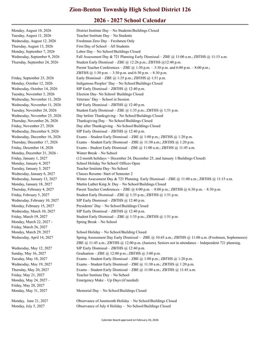 Zion-Benton Township High School District 126 2026–2027 Academic Calendar