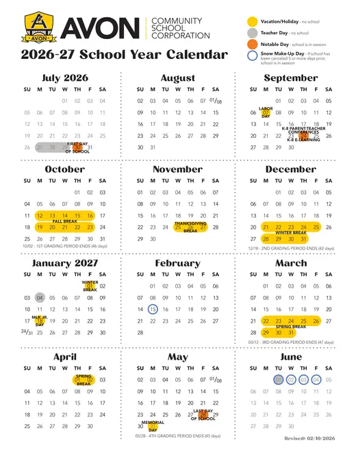 Avon Community School Corporation 2026–2027 Academic Calendar