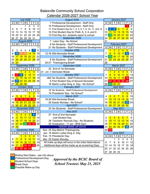 Batesville Community School Corporation 2026–2027 Academic Calendar