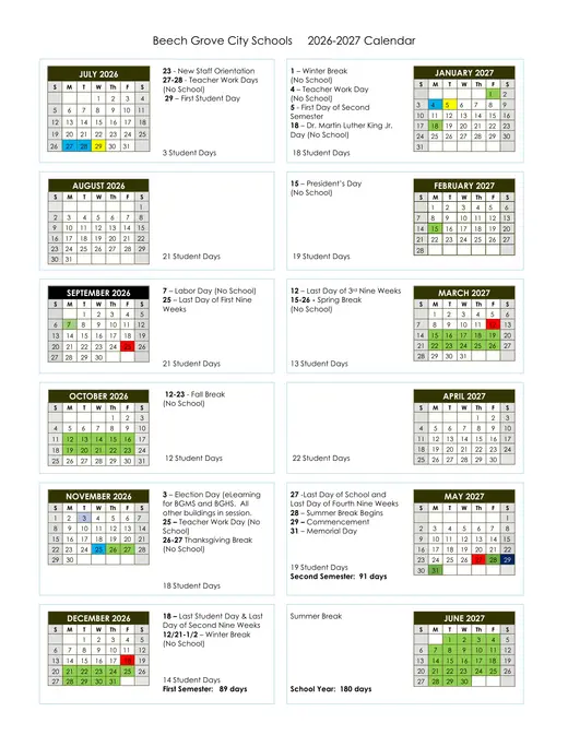 Beech Grove City Schools 2026–2027 Academic Calendar