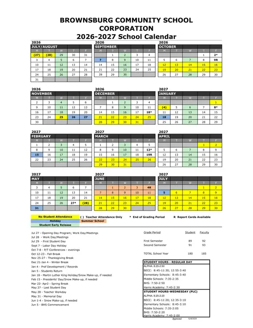 Brownsburg Community School Corporation 2026–2027 Academic Calendar
