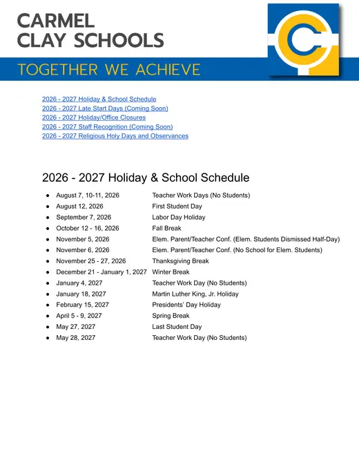 Carmel Clay Schools 2026–2027 Academic Calendar Page 1