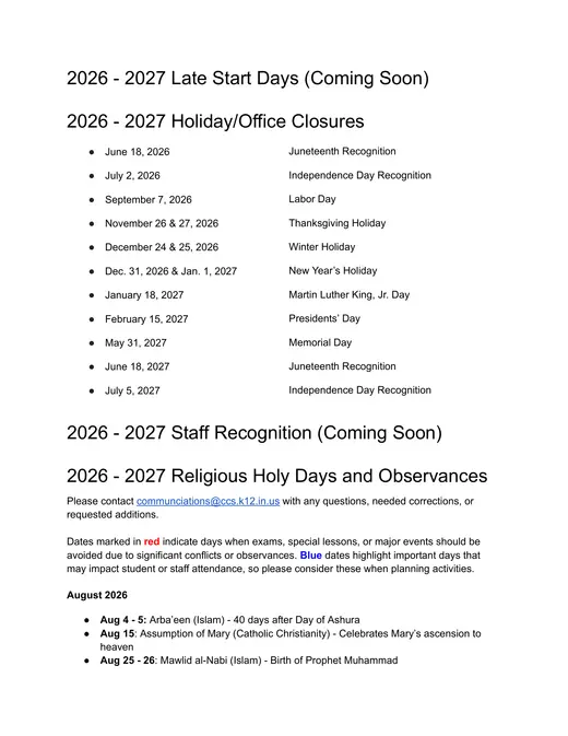 Carmel Clay Schools 2026–2027 Academic Calendar Page 2