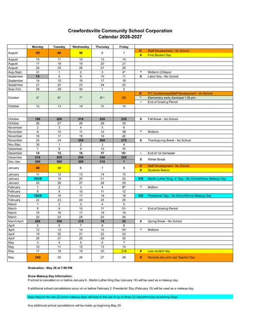 Crawfordsville Community School Corporation 2026–2027 Academic Calendar