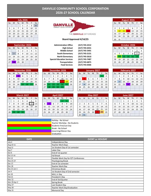 Danville Community School Corporation 2026–2027 Academic Calendar