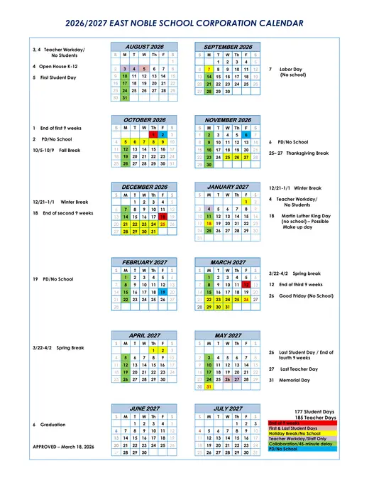 East Noble School Corporation 2026–2027 Academic Calendar