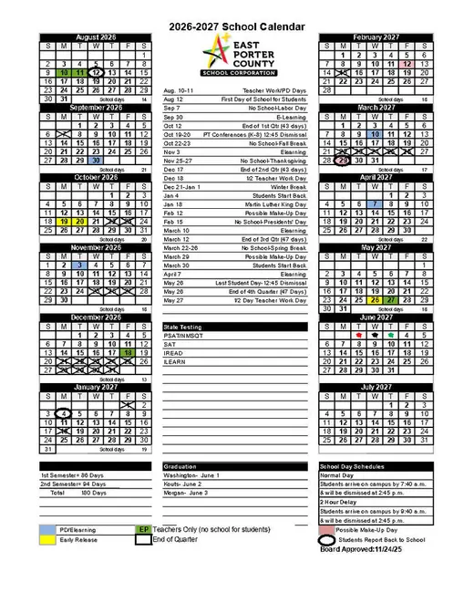 East Porter County School Corporation 2026–2027 Academic Calendar Page 2