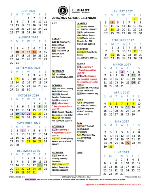 Elkhart Community Schools 2026–2027 Academic Calendar