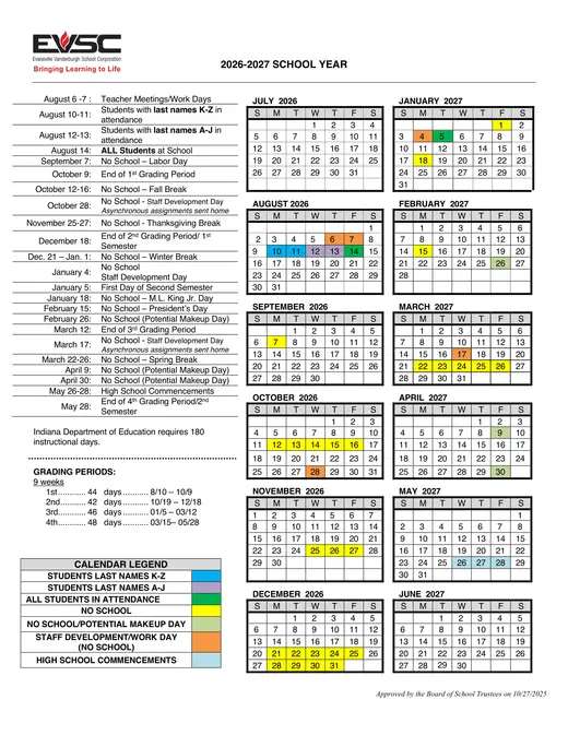 Evansville Vanderburgh School Corporation 2026–2027 Academic Calendar