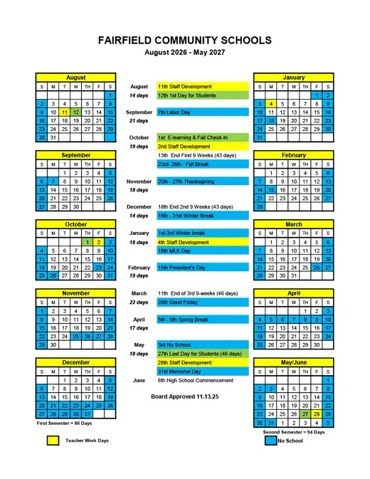Fairfield Community Schools 2026–2027 Academic Calendar Page 2