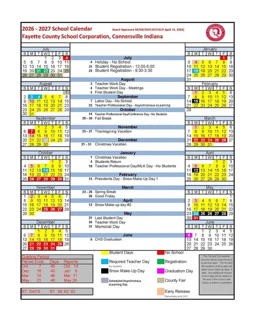 Fayette County School Corporation, Connersville Indiana 2026–2027 Academic Calendar Page 2