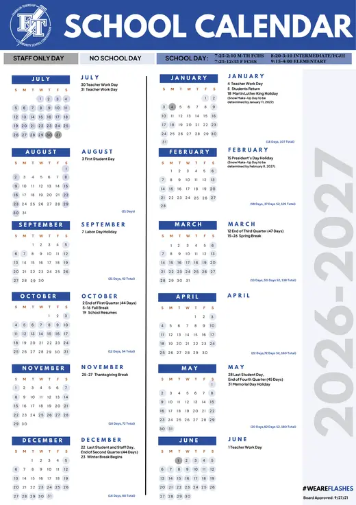 Franklin Township Community School Corporation 2026–2027 Academic Calendar Page 1