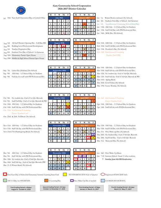 Gary Community School Corporation 2026–2027 Academic Calendar