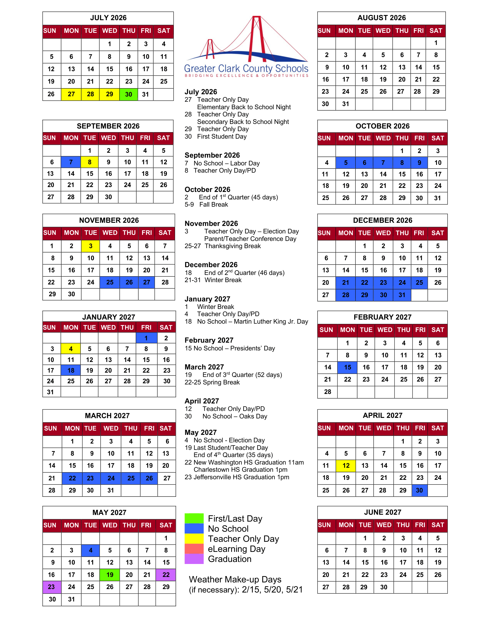 Greater Clark County Schools GCCS Calendar 26-27 | CalendarStates.com