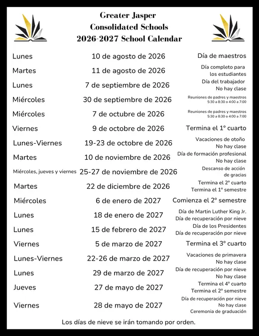 Greater Jasper Consolidated Schools 2026–2027 Academic Calendar
