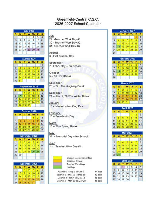 Greenfield-Central C.S.C 2026–2027 Academic Calendar