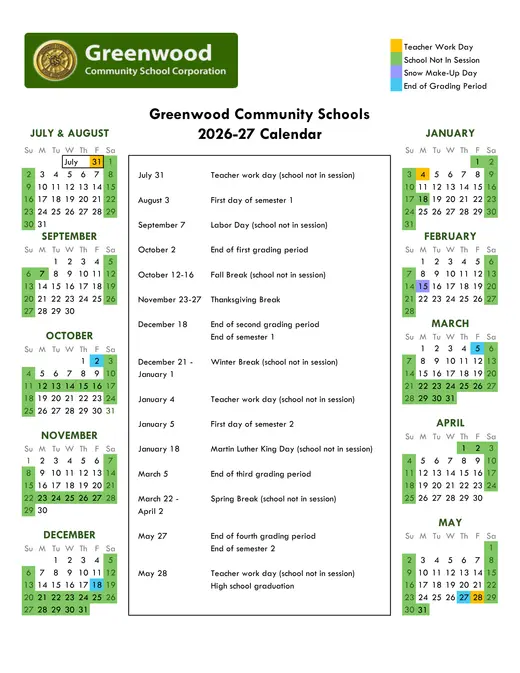 Greenwood Community Schools 2026–2027 Academic Calendar