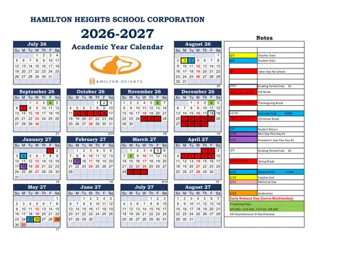 Hamilton Heights School Corporation 2026–2027 Academic Calendar