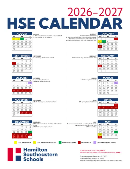 Hamilton Southeastern Schools 2026–2027 Academic Calendar