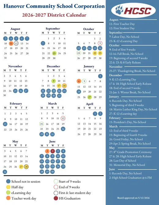 Hanover Community School Corporation 2026–2027 Academic Calendar