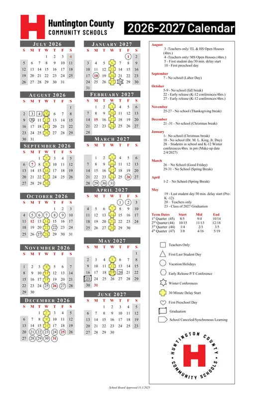 Huntington County Community Schools 2026–2027 Academic Calendar