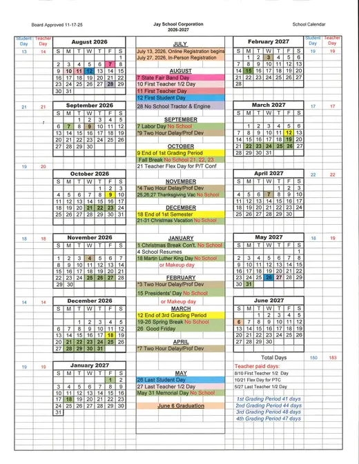 Jay School Corporation 2026–2027 Academic Calendar