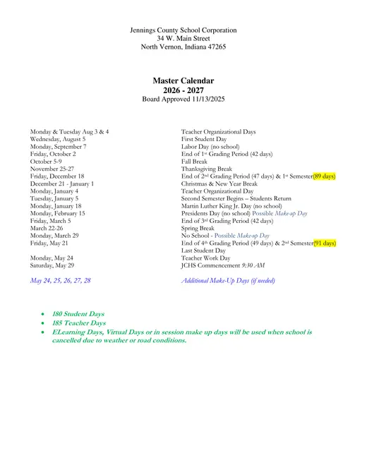 Jennings County School Corporation 2026–2027 Academic Calendar