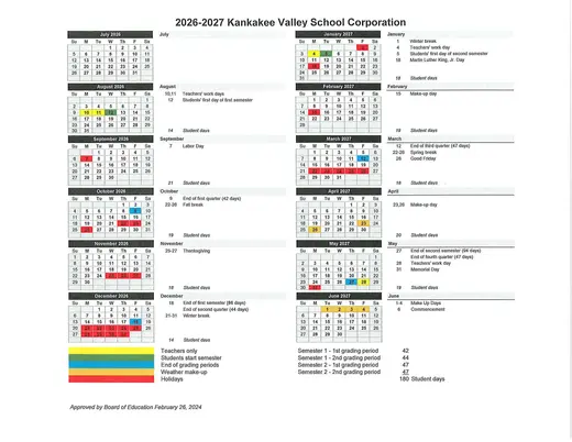 Kankakee Valley School Corporation 2026–2027 Academic Calendar