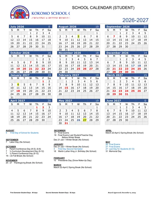 Kokomo School Corporation 2026–2027 Academic Calendar