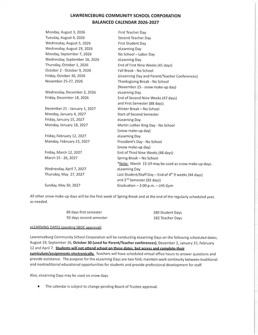Lawrenceburg Community School Corporation 2026–2027 Academic Calendar