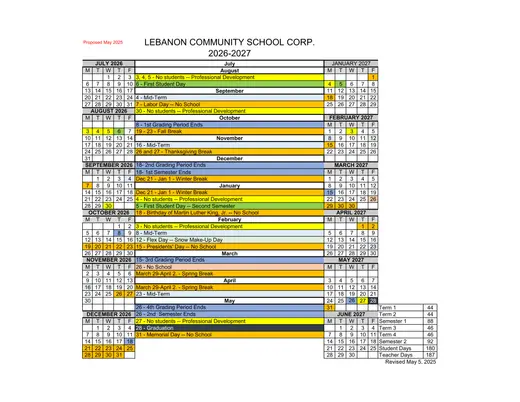 Lebanon Community School Corp 2026–2027 Academic Calendar