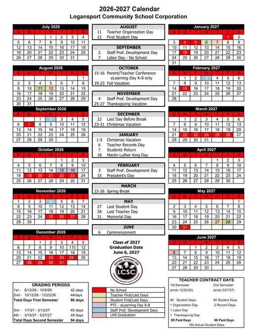 Logansport Community School Corporation 2026–2027 Academic Calendar