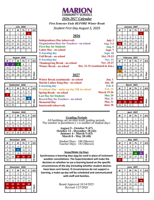 Marion Community Schools 2026–2027 Academic Calendar