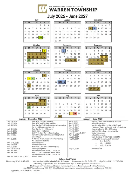 Metropolitan School District of Warren Township 2026–2027 Academic Calendar