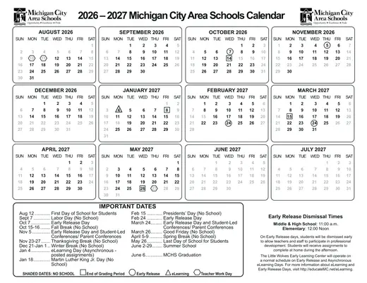 Michigan City Area Schools 2026–2027 Academic Calendar Page 1