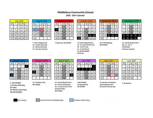 Middlebury Community Schools 2026–2027 Academic Calendar Page 1