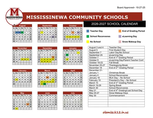 Mississinewa Community Schools 2026–2027 Academic Calendar