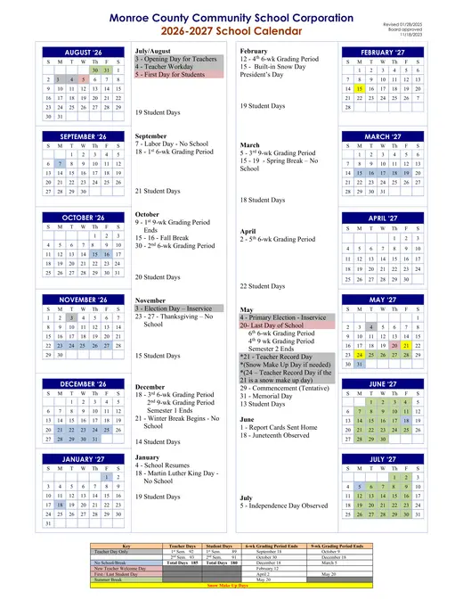 Monroe County Community School Corporation 2026–2027 Academic Calendar