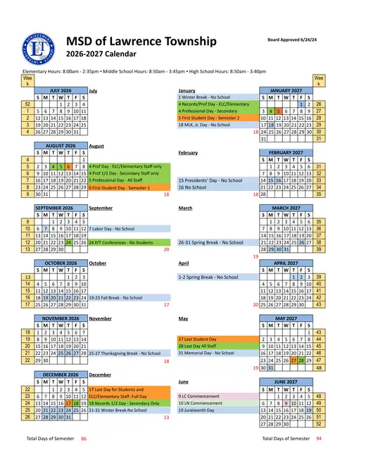 MSD of Lawrence Township 2026–2027 Academic Calendar
