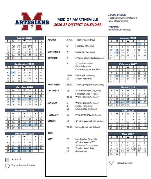MSD of Martinsville 2026–2027 Academic Calendar Page 1