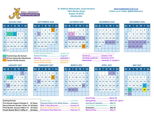 MSD of Steuben County 2026–2027 Academic Calendar