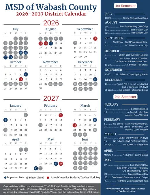 MSD of Wabash County 2026–2027 Academic Calendar
