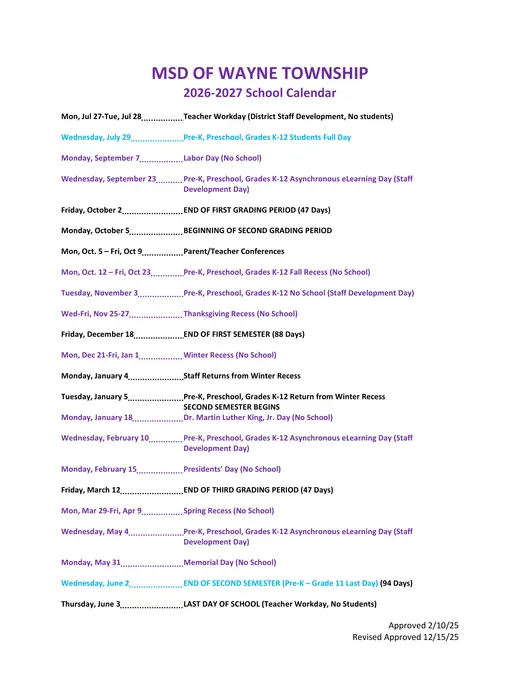 MSD of Wayne Township 2026–2027 Academic Calendar Page 1